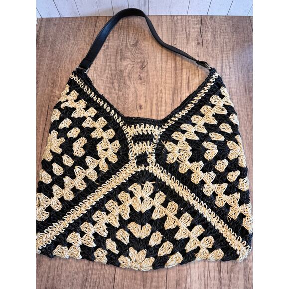 Straw Purse Hobo Bag Neutral Black Tan HandBag NEW FAST SHIP Beach Bag Beachy - Picture 2 of 6